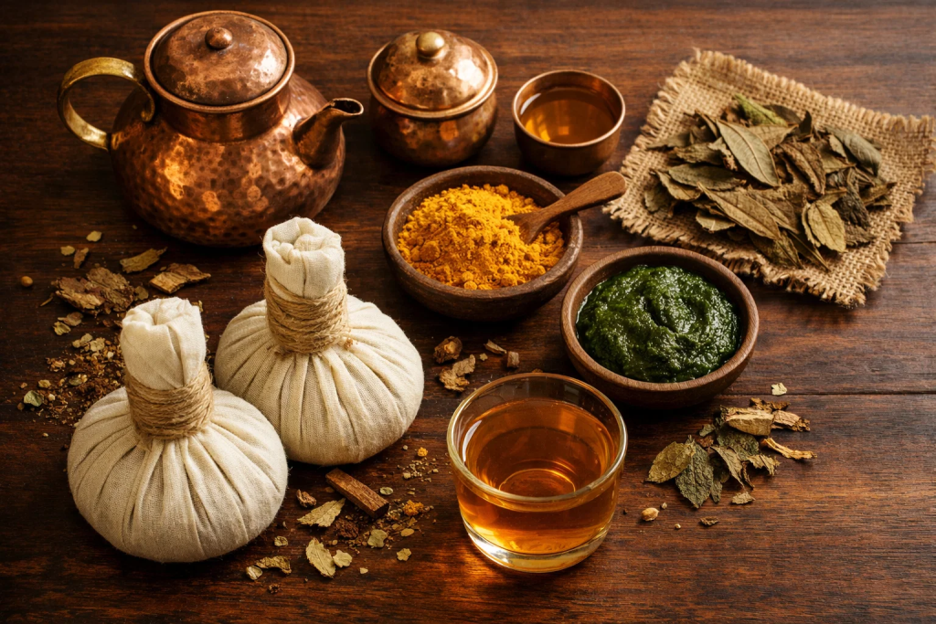 Traditional Ayurvedic Panchakarma treatment tools — herbal oils, medicinal plants, and therapeutic preparations used at Tigris Valley