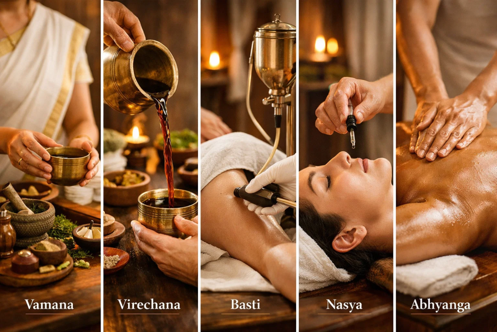 Five Panchakarma therapies — Vamana, Virechana, Basti, Nasya, and Raktamokshana at Tigris Valley Ayurvedic retreat Kerala