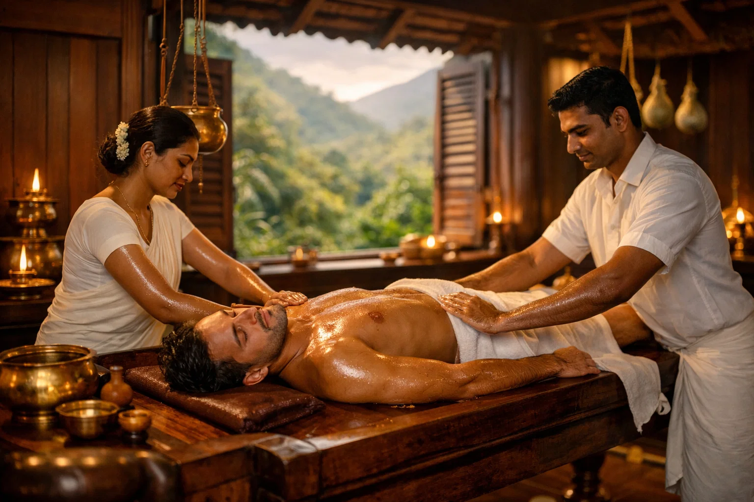 Kerala Ayurvedic room with Droni; two therapists perform Abhyanga massage on patient, warm light and greenery outside