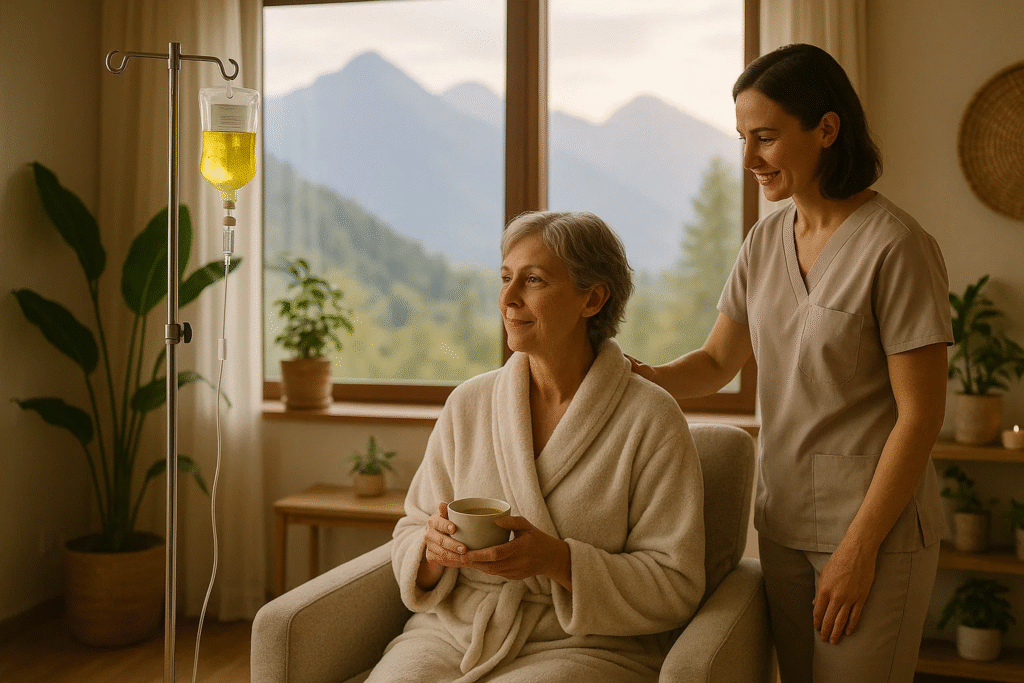 Holistic cancer support program with IV nutritional therapy in peaceful wellness retreat setting