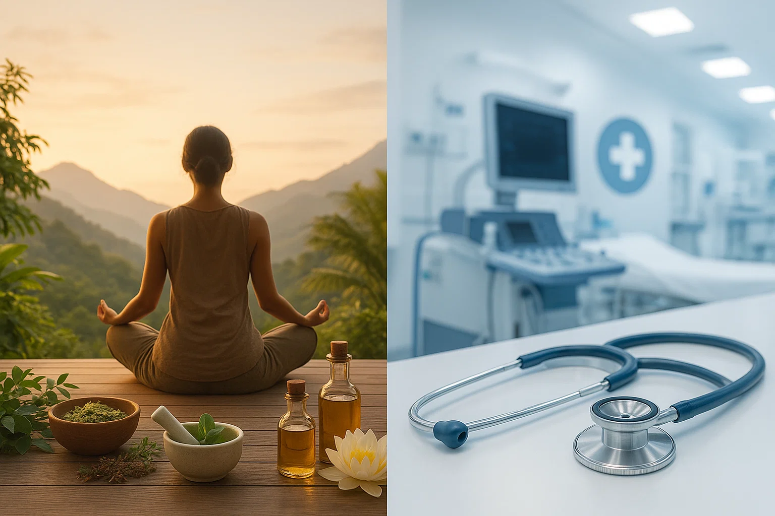 Holistic medicine vs modern Western medicine comparison - integrative healthcare approach at wellness retreat