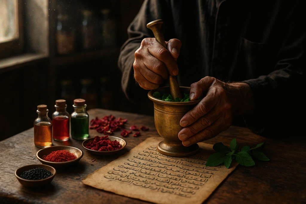 Traditional Unani medicine herbal preparation with ancient healing herbs and handcrafted remedies for rejuvenation
