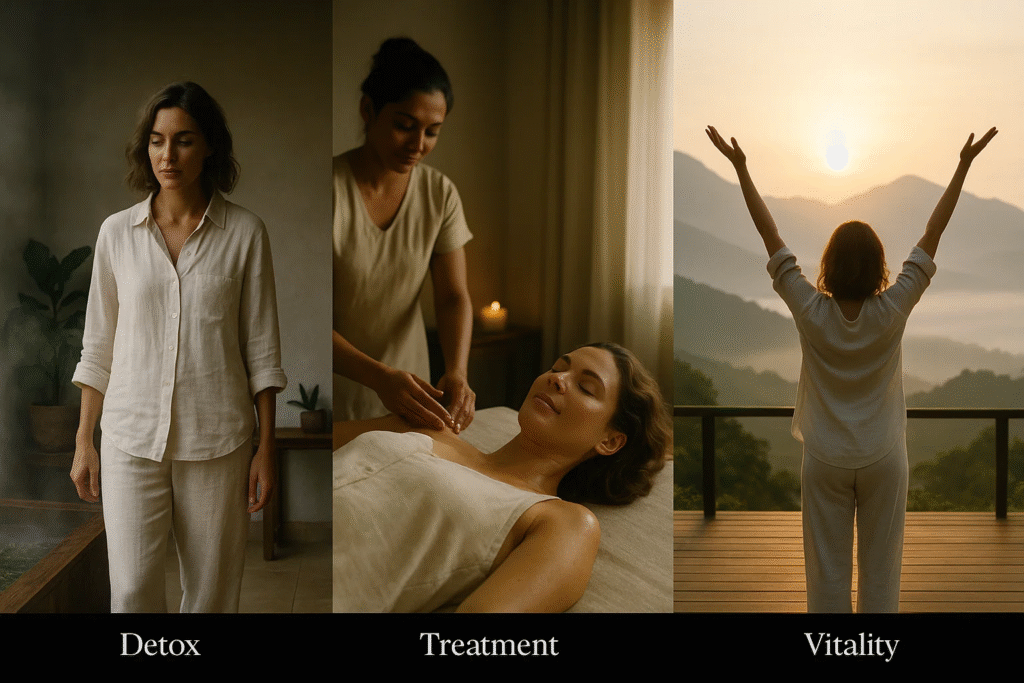Progressive transformation journey showing stages of anti-aging wellness treatment from detox to rejuvenation