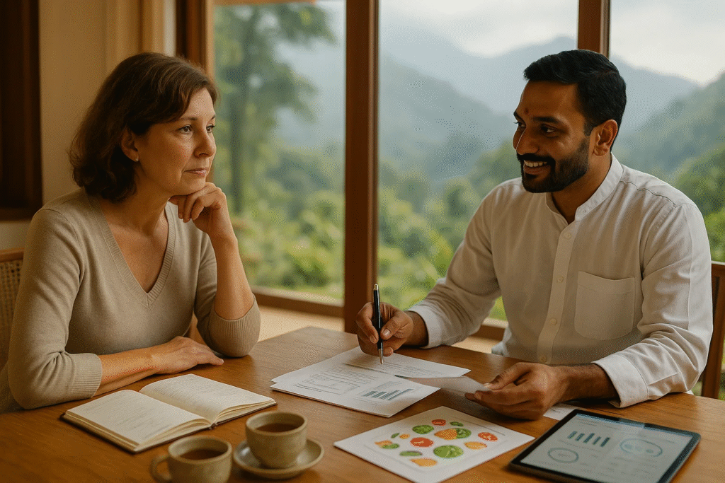Personalized anti-aging consultation between patient and Ayurvedic wellness doctor at mountain retreat