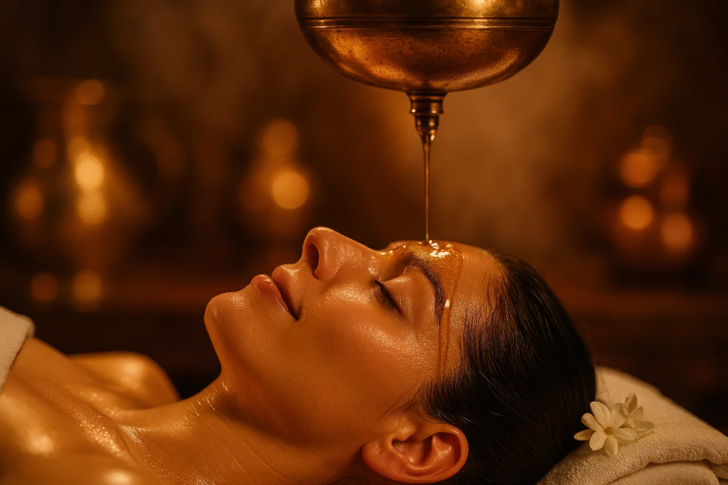 Traditional Ayurvedic Shirodhara oil therapy treatment for anti-aging rejuvenation and stress relief