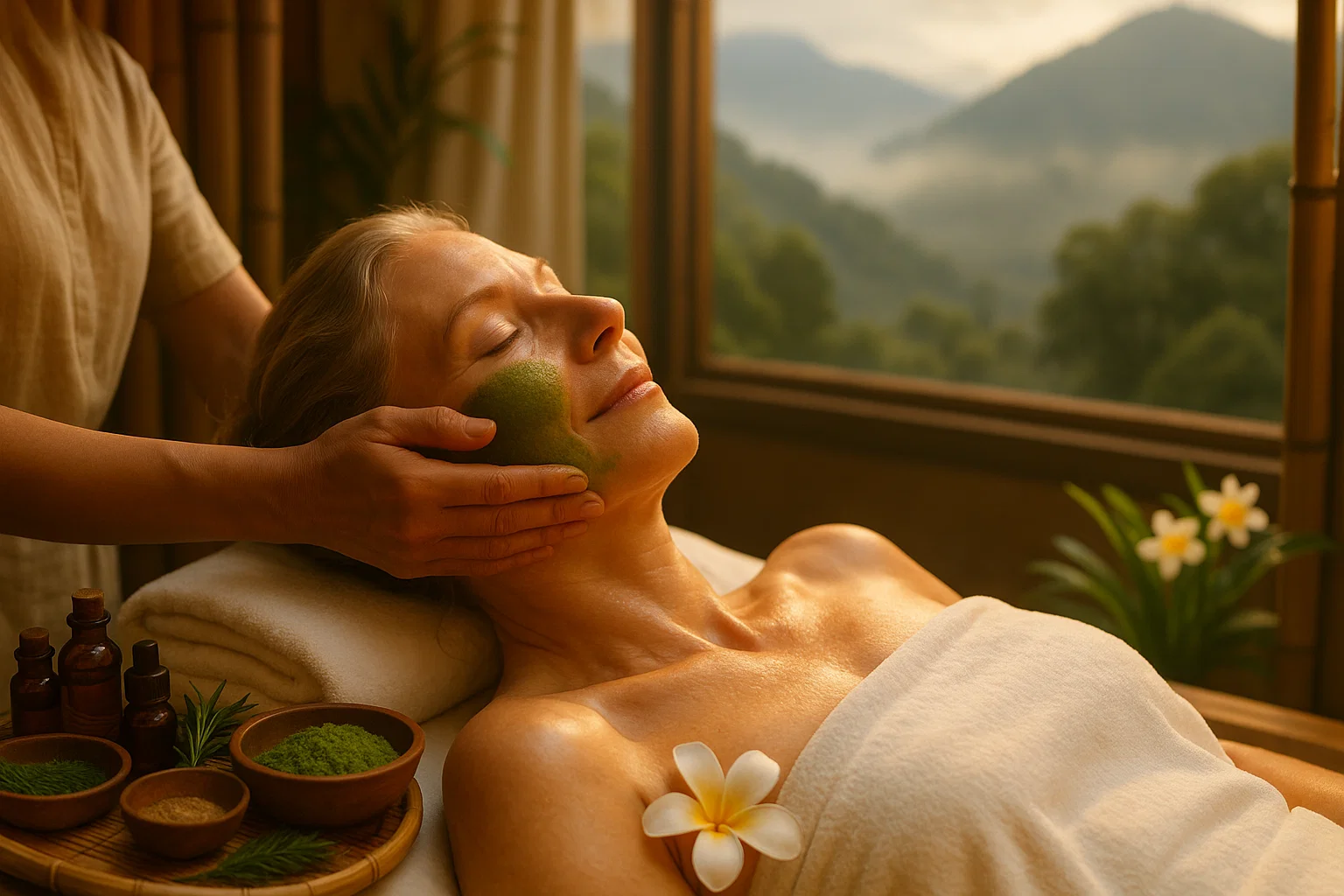 Woman receiving natural anti-aging Ayurvedic facial treatment at luxury wellness retreat with mountain views