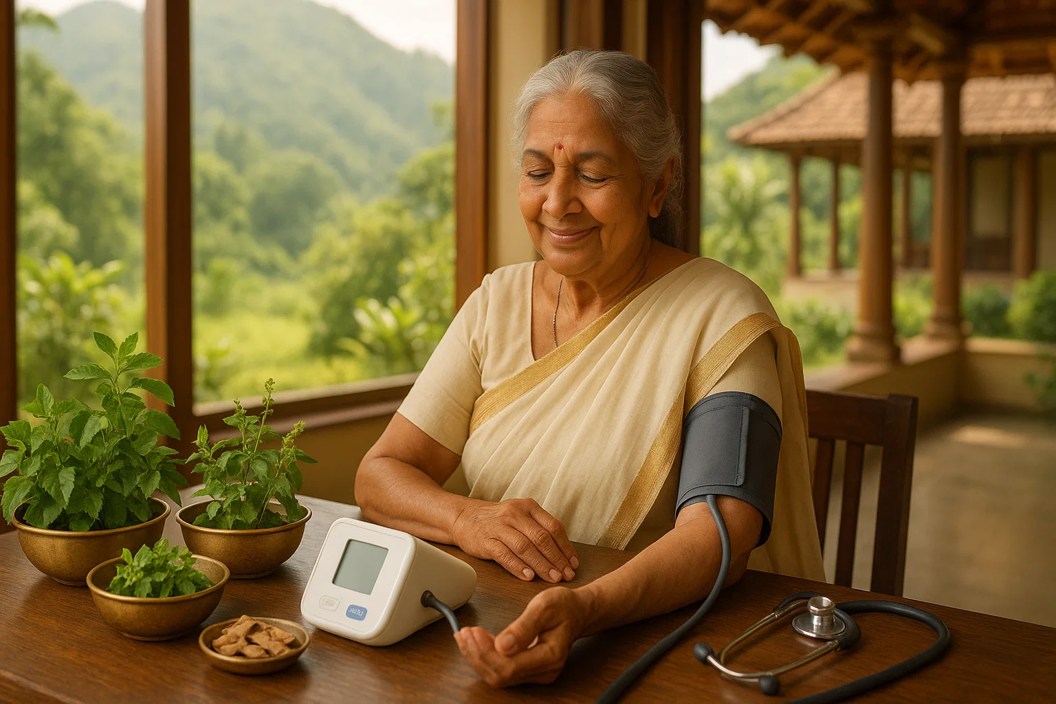 Woman checking blood pressure with Ayurvedic herbs for hypertension at Tigris Valley wellness retreat Kerala mountains