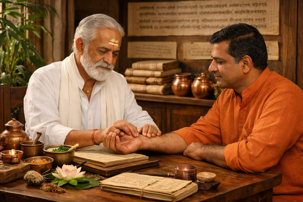 Ayurvedic doctor performing pulse diagnosis for diabetes (Madhumeha) assessment