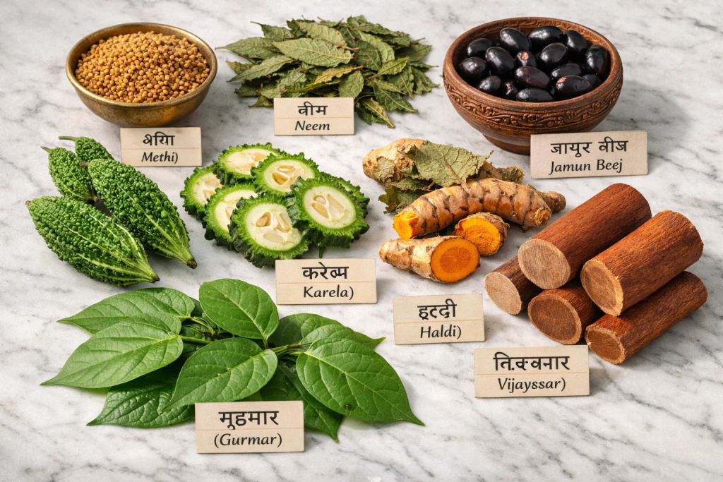 Collection of powerful Ayurvedic herbs for blood sugar control and diabetes management