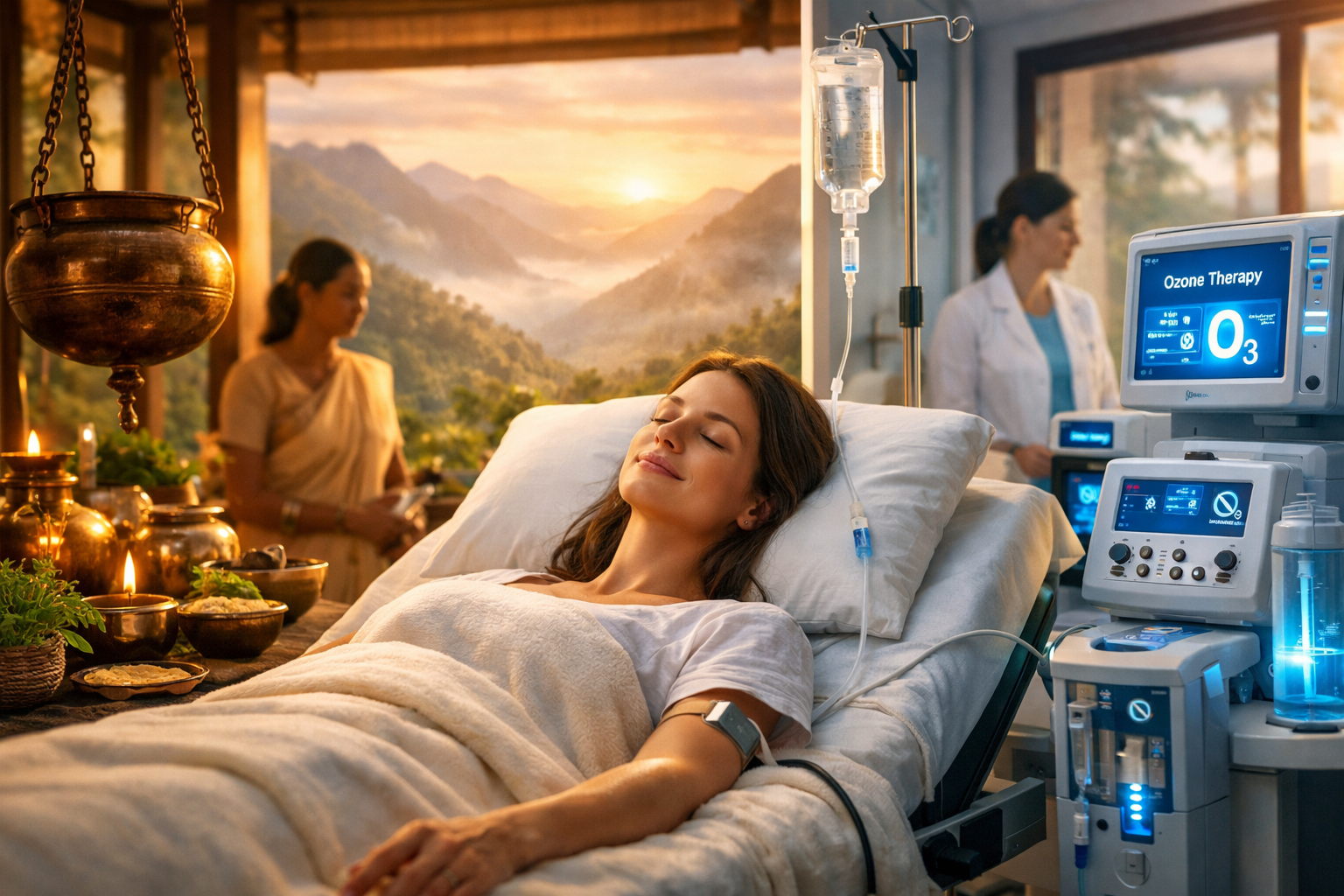Ozone therapy integrated with traditional Ayurveda treatment in a modern holistic healing environment
