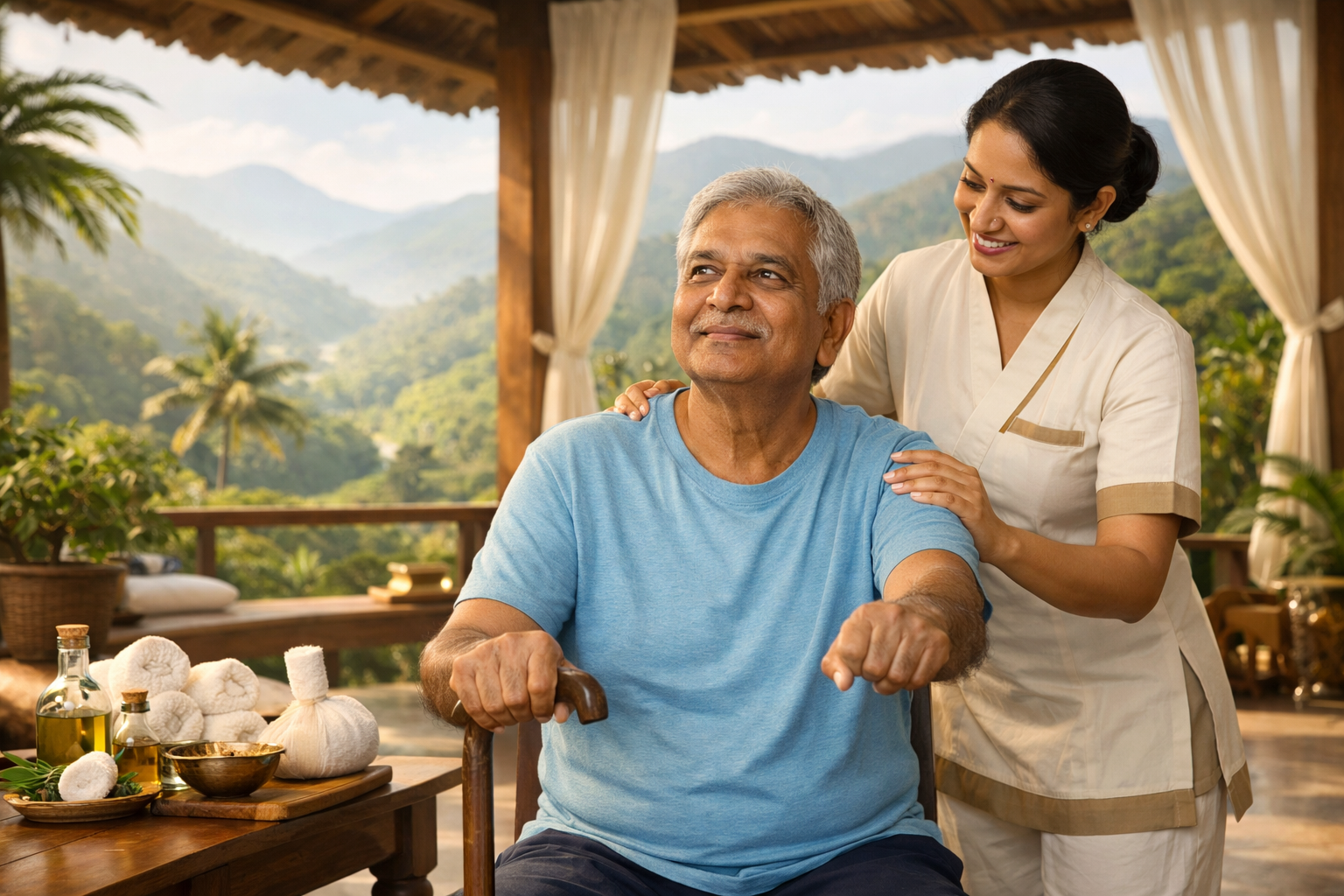 Senior stroke recovery patient in assisted rehabilitation therapy with mountain backdrop