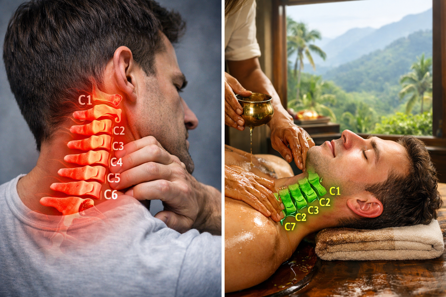 Split-screen visual of cervical spine pain versus Ayurvedic abhyanga massage showing improved neck alignment
