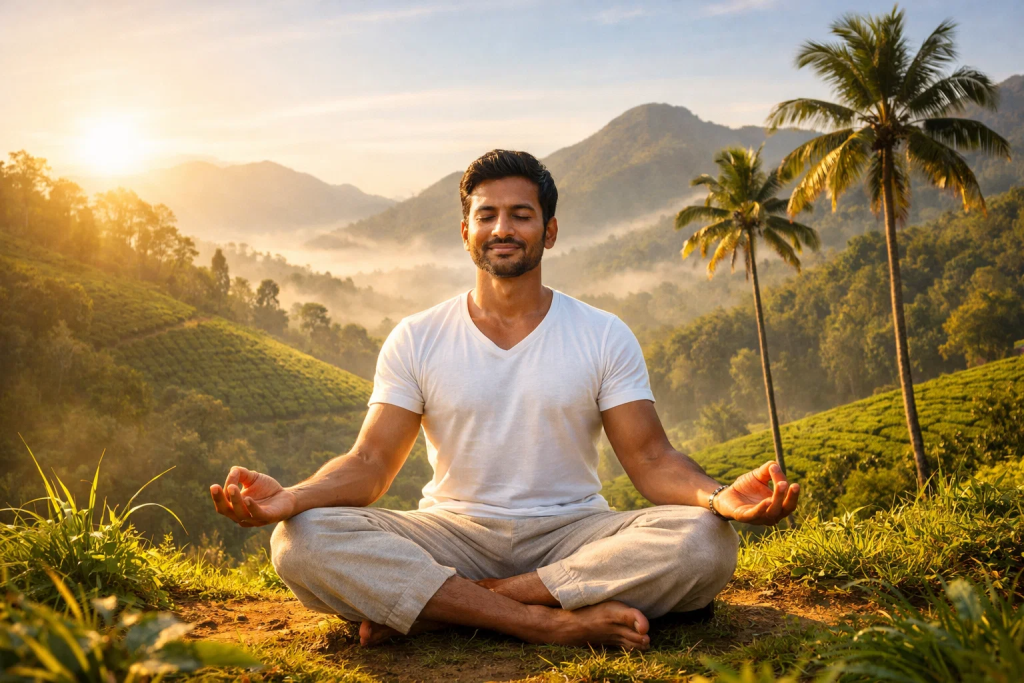 Indian individual practicing meditation outdoors in Kerala mountains during morning golden hour showing vitality