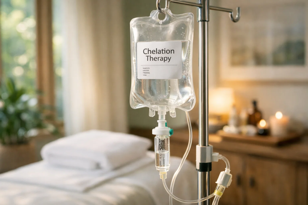 IV chelation therapy treatment setup showing medical-grade equipment for heavy metal detox