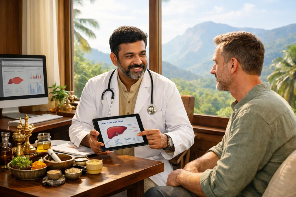 Ayurvedic liver health assessment with expert doctor at mountain retreat