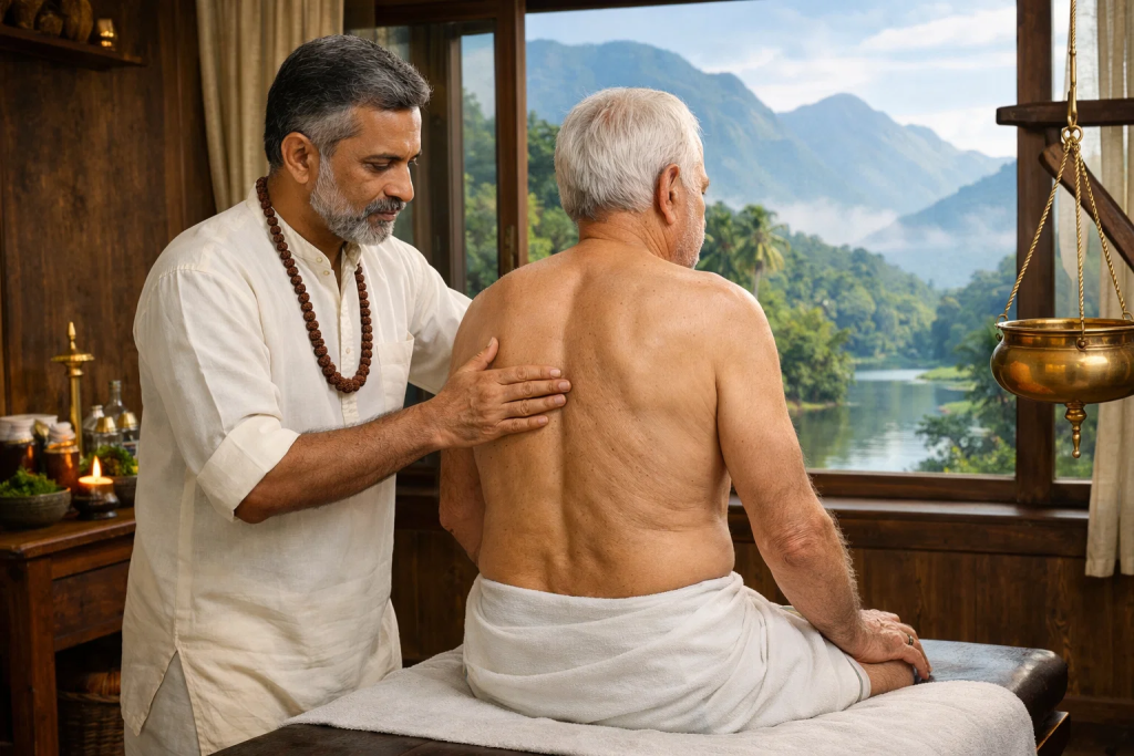 Ayurvedic doctor performing spinal assessment on an elderly man for back pain treatment
