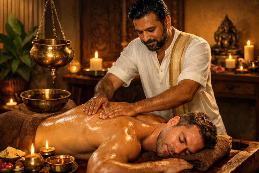Skilled male therapist performing traditional Abhyanga oil massage for back pain relief on a male patient