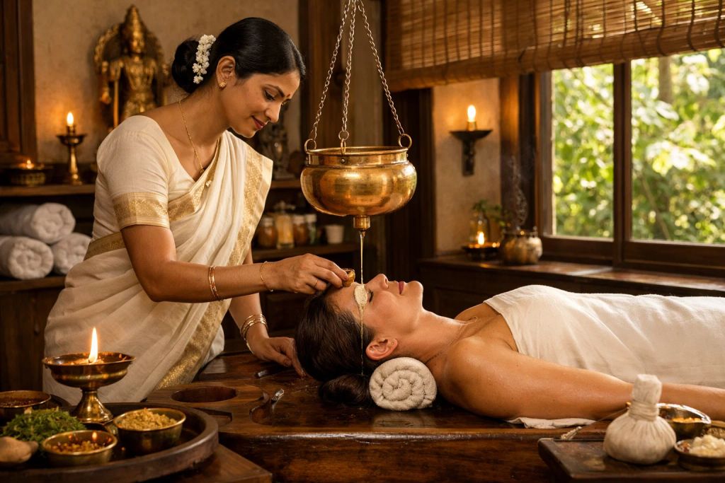 Female therapist administering Panchakarma therapy in a serene Ayurvedic treatment room