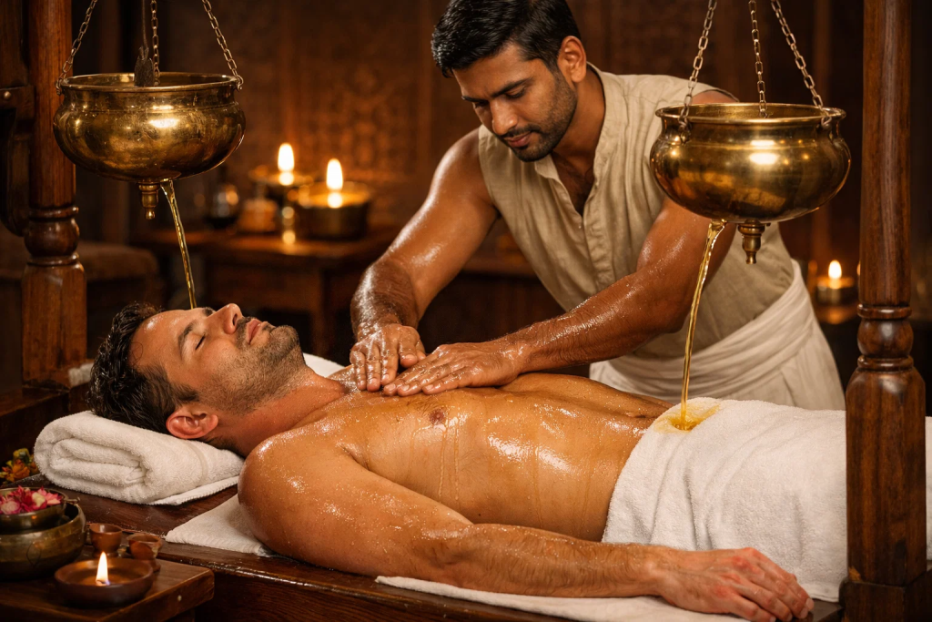 Male therapist performing Pizhichil Ayurvedic treatment on a modestly covered male patient with warm oil stream