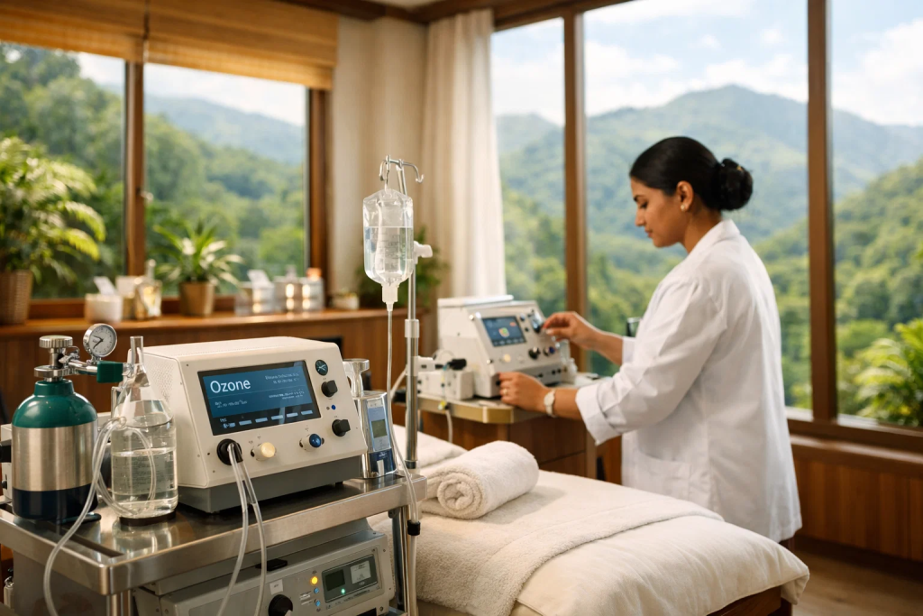Medical professional administering ozone therapy treatment in a modern healing environment