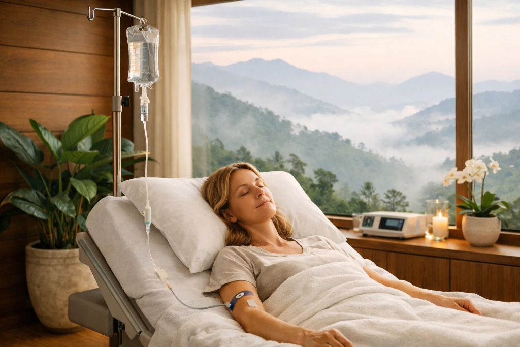 Patient receiving IV ozone therapy on a medical bed in a serene, spa-like healing environment