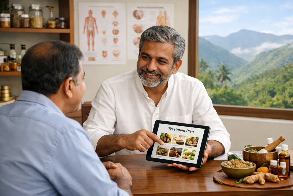 Ayurvedic doctor consulting a middle-aged patient and explaining a treatment plan in a modern, professional clinic setting