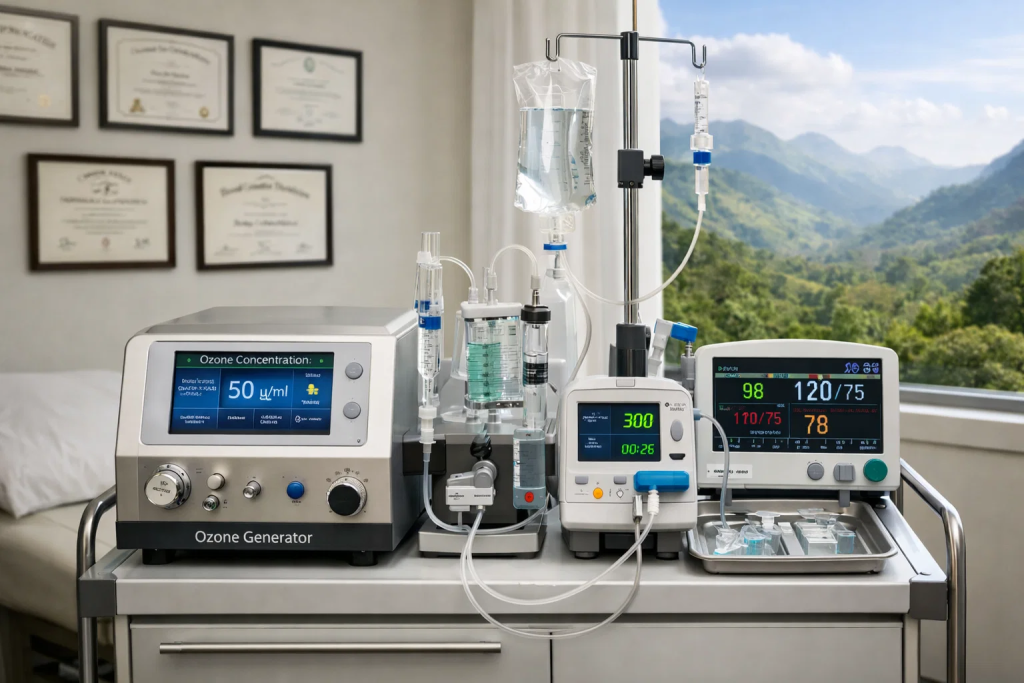 Ozone therapy medical equipment with IV setup in a modern clinical room