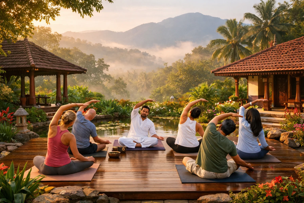 Peaceful meditation garden with yoga practice amid mountain scenery