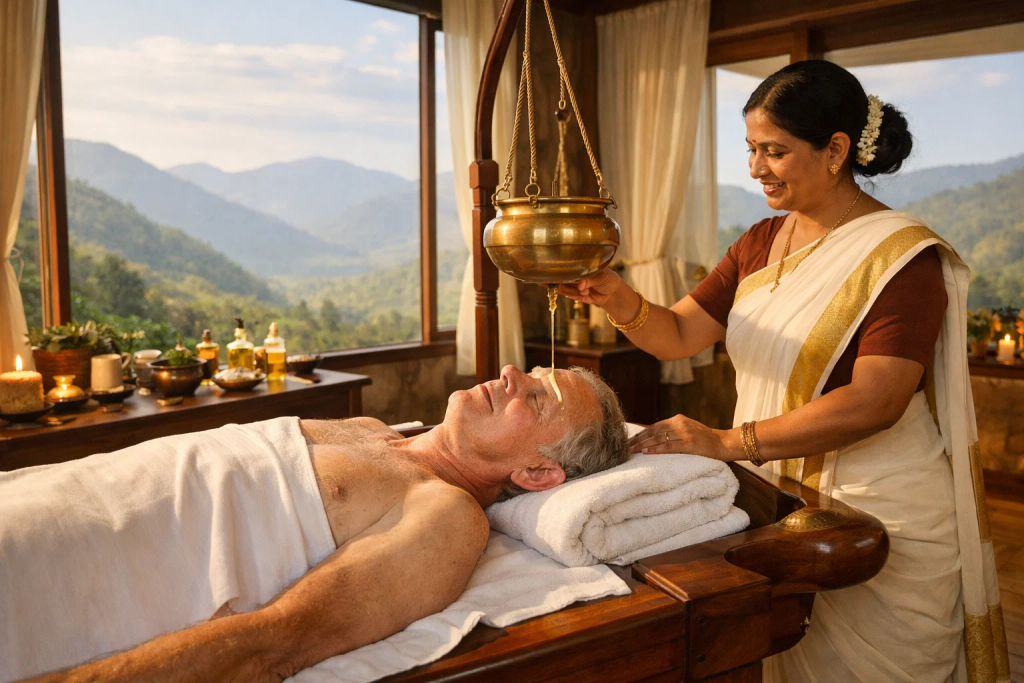 Senior patient undergoing Ayurvedic and functional medicine stroke rehab at a wellness retreat