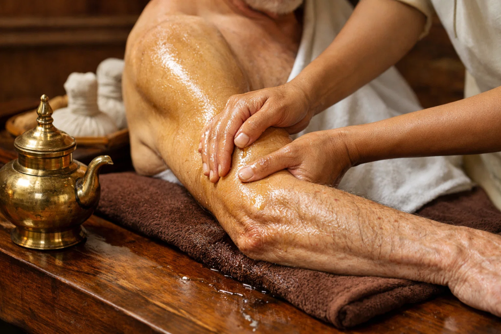 Stroke patient receiving Ayurvedic Abhyanga massage on arm with herbal oils in Kerala