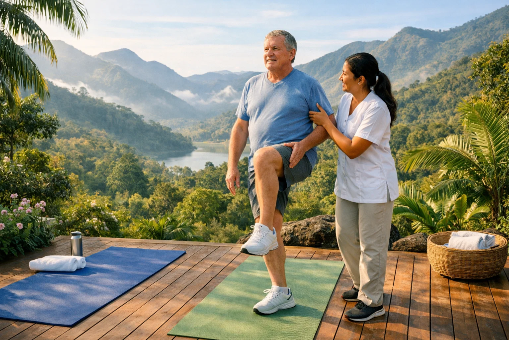 Stroke patient doing assisted physiotherapy with therapist in a serene mountain retreat