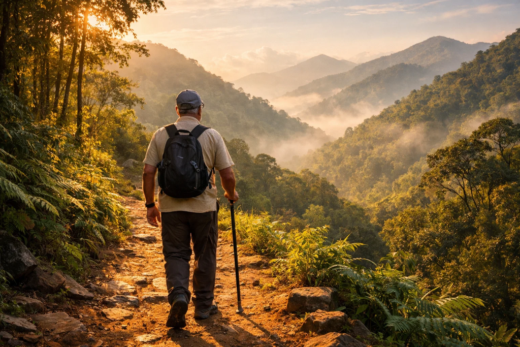 Senior stroke patient walking with cane on a mountain trail surrounded by lush greenery