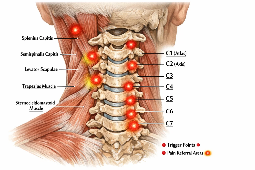 Anatomical diagram showing neck muscles and cervical spine structure for pain identification