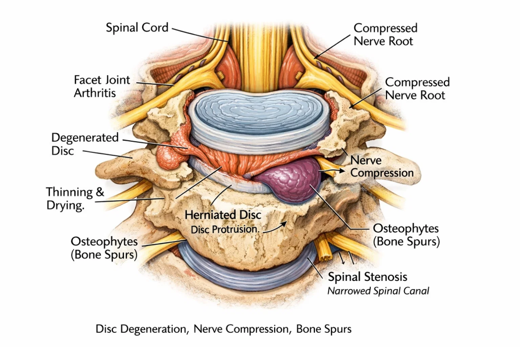 Cervical spondylosis and degenerative disc disease illustration showing spinal compression