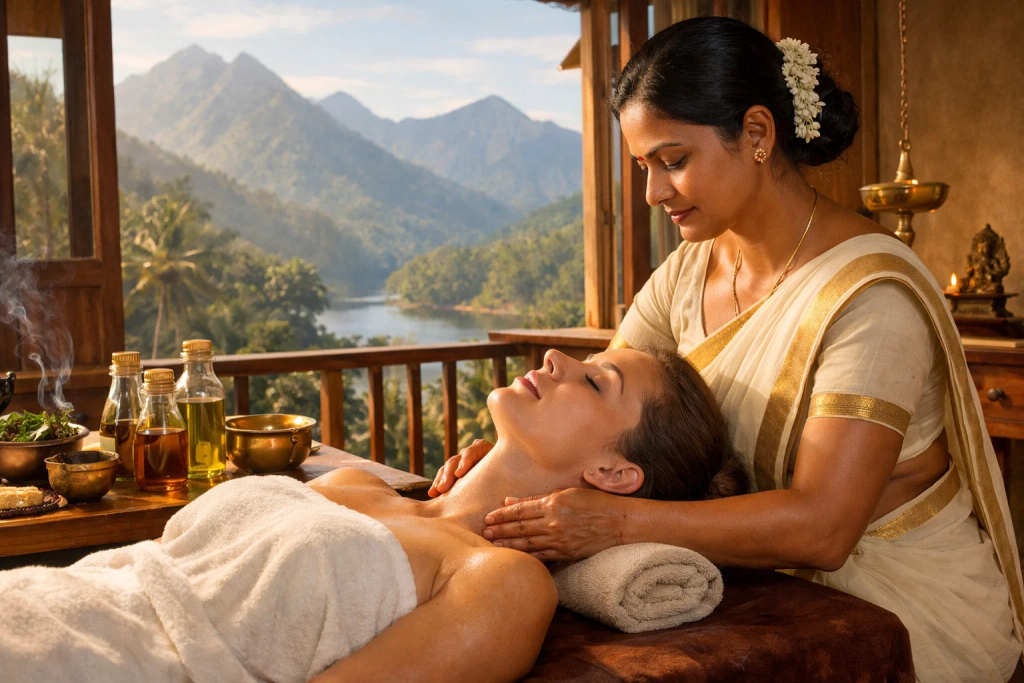 Ayurvedic therapist performing abhyanga massage for neck pain relief at Tigris Valley wellness retreat