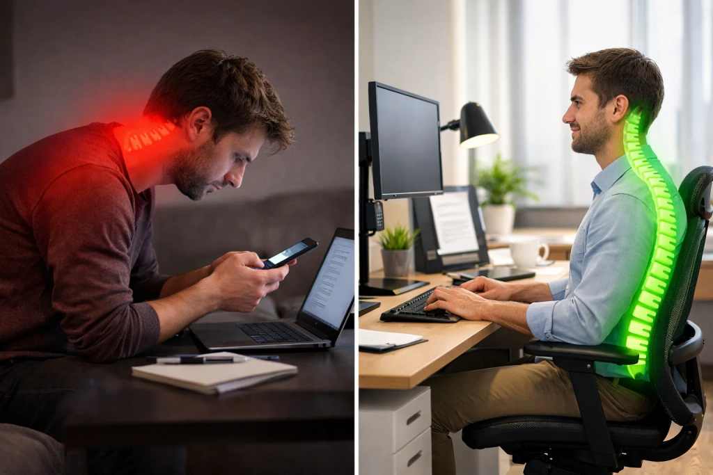 Modern lifestyle causes of neck pain including poor posture tech neck and ergonomic workspace setup