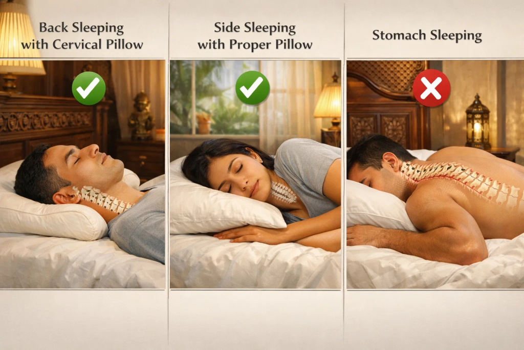 Proper sleeping positions and pillow support for cervical spine health and neck pain prevention