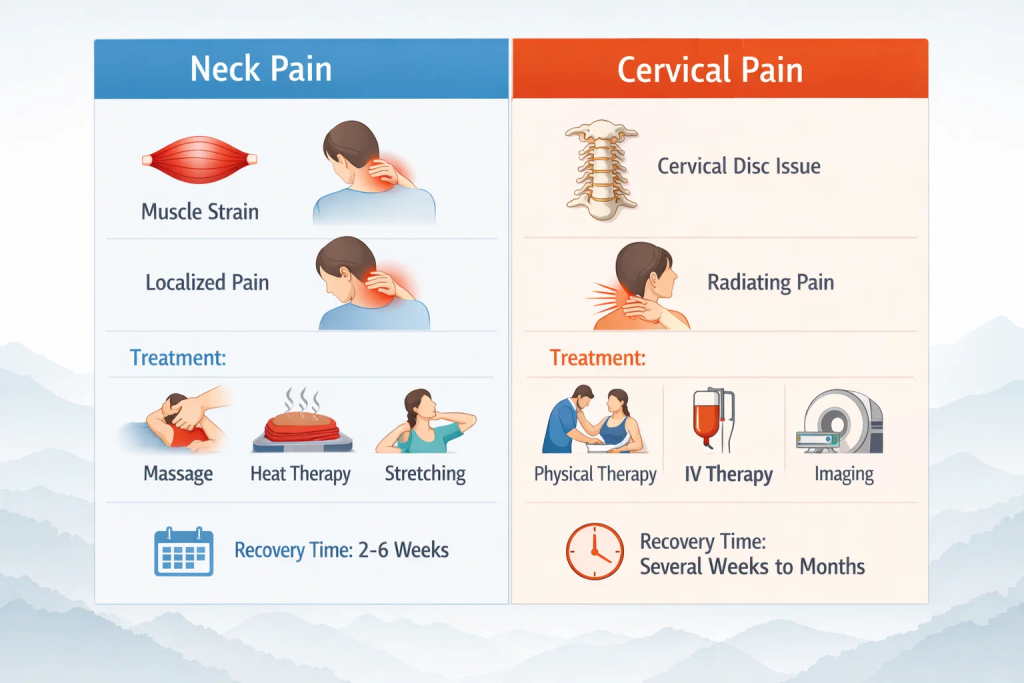 Visual comparison chart showing key differences between neck pain and cervical pain symptoms and treatment