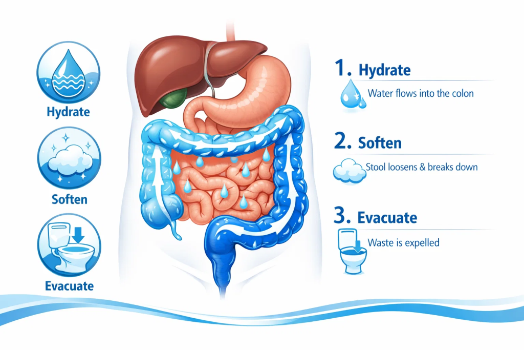 Medical illustration showing colon hydrotherapy water flow process for digestive system cleansing