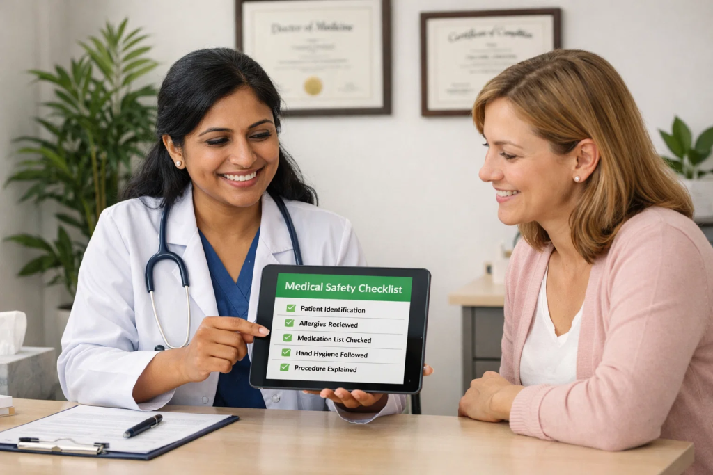 Medical doctor reviewing patient health history and safety contraindications before colon hydrotherapy consultation at wellness center