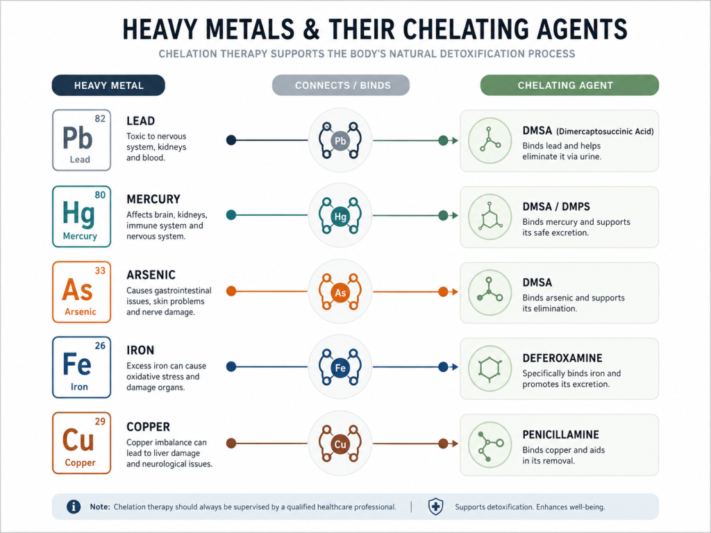 Chelating agents used for lead, mercury, arsenic, iron and copper toxicity