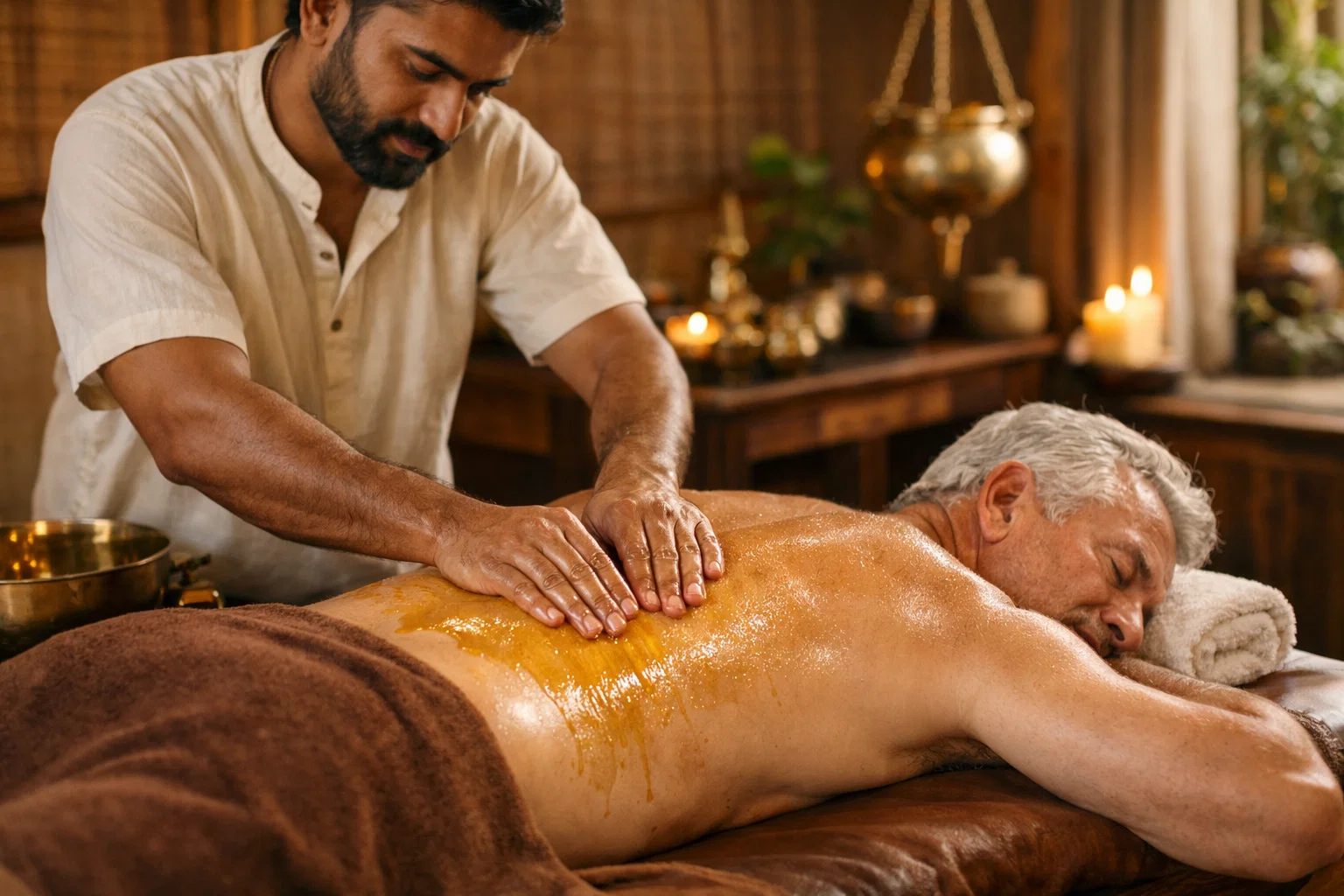 Male Ayurvedic therapist giving Abhyanga oil massage for lower back pain to an older man