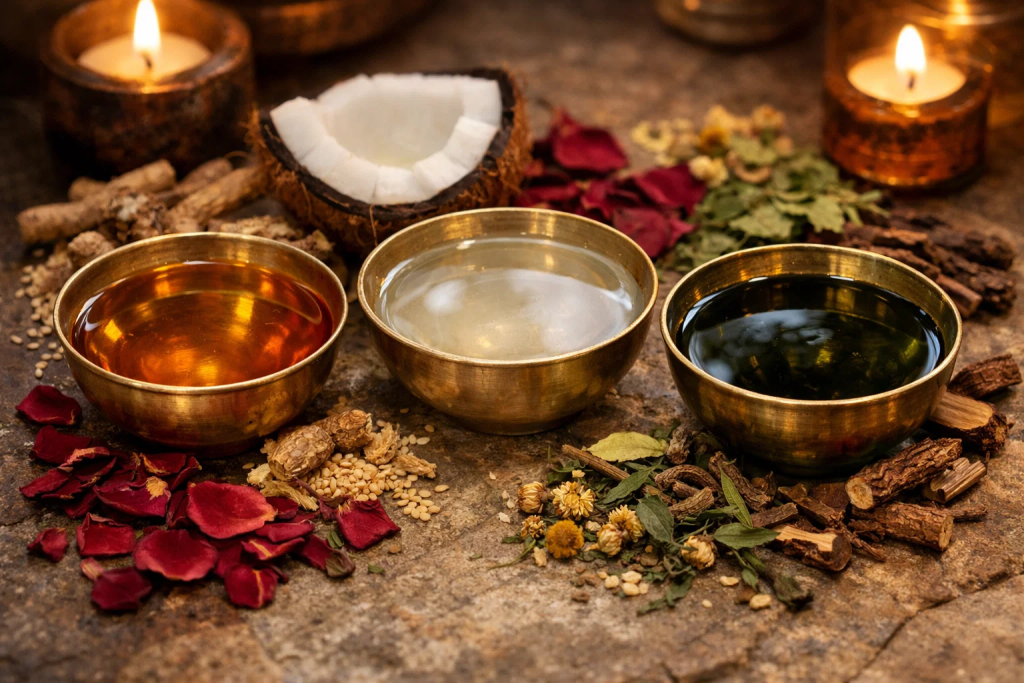  Warm Ayurvedic oils in brass bowls used for Abhyanga massage therapy