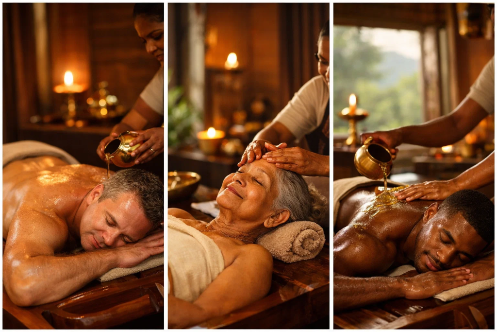  Different people benefiting from Abhyanga massage therapy — stress relief, anti-aging, and pain management 