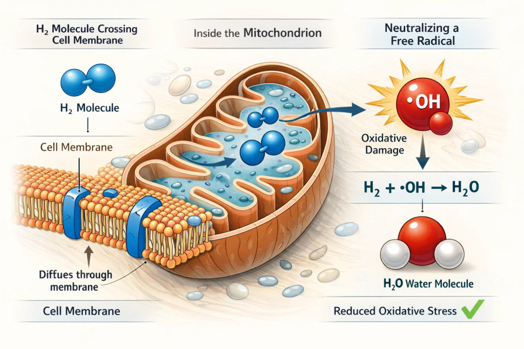 Molecular hydrogen therapy mechanism — how H2 molecule neutralizes free radicals inside cells and mitochondria