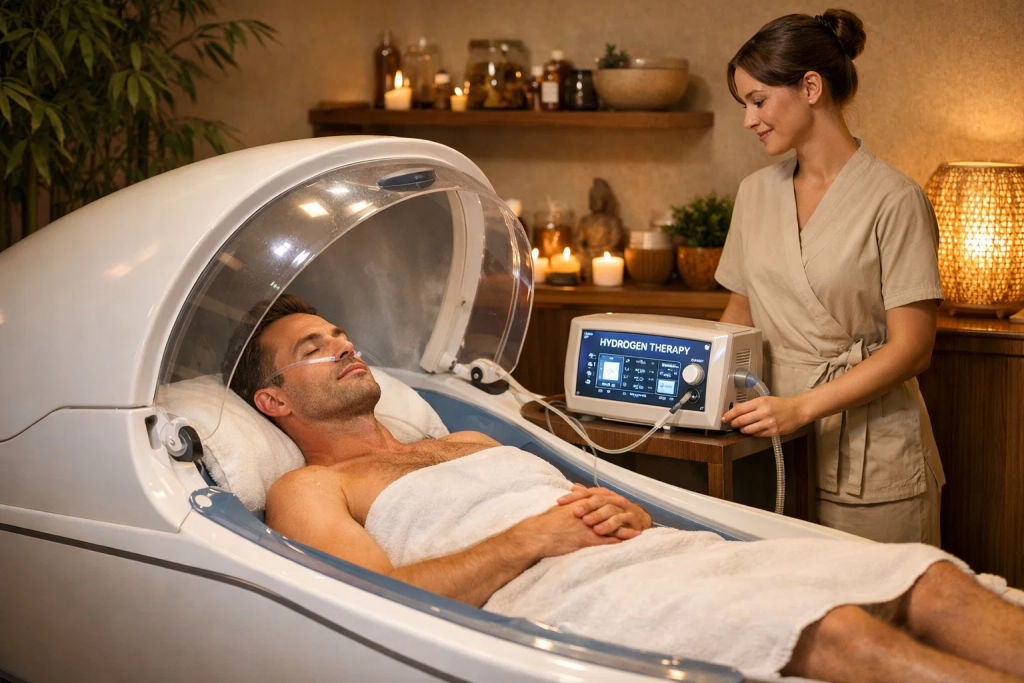 Hydrogen colon therapy session at a holistic wellness retreat — integrative detox treatment using hydrogen-rich water