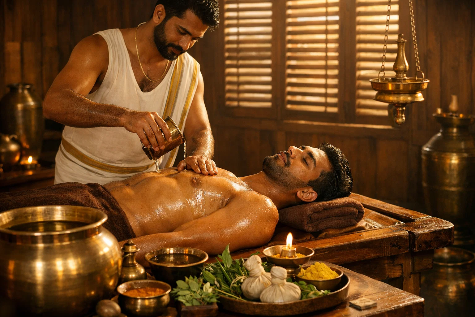 Ayurvedic therapist performing Abhyanga warm oil massage therapy at a wellness retreat