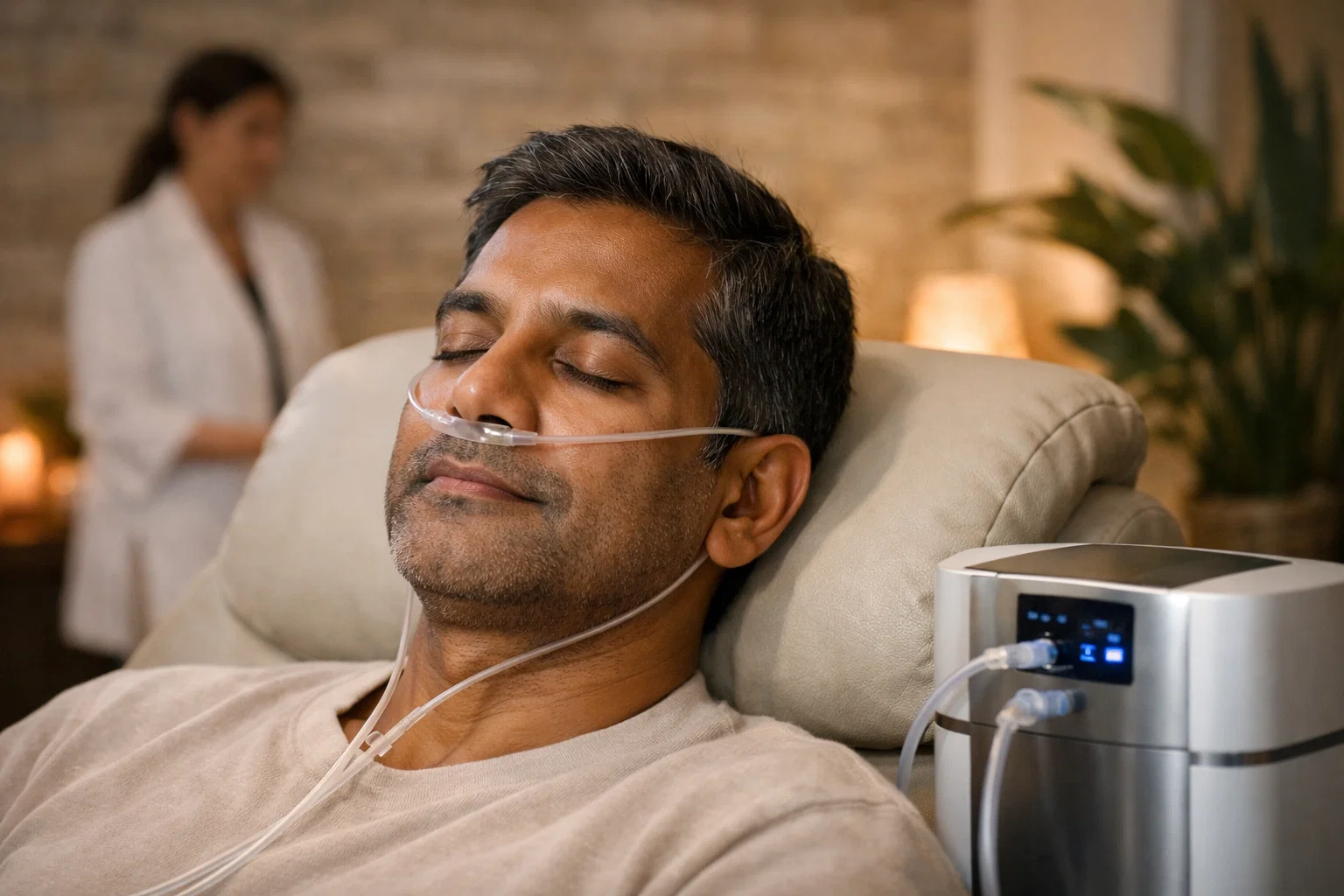 Hydrogen therapy treatment — South Asian male patient receiving hydrogen inhalation therapy at an integrative wellness retreat in Kerala