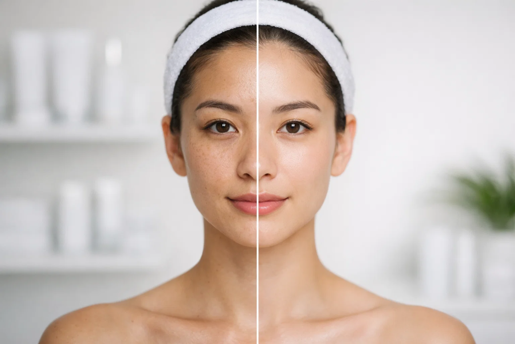 Before and after comparison of skin tone showing improvement from glutathione injection therapy for pigmentation