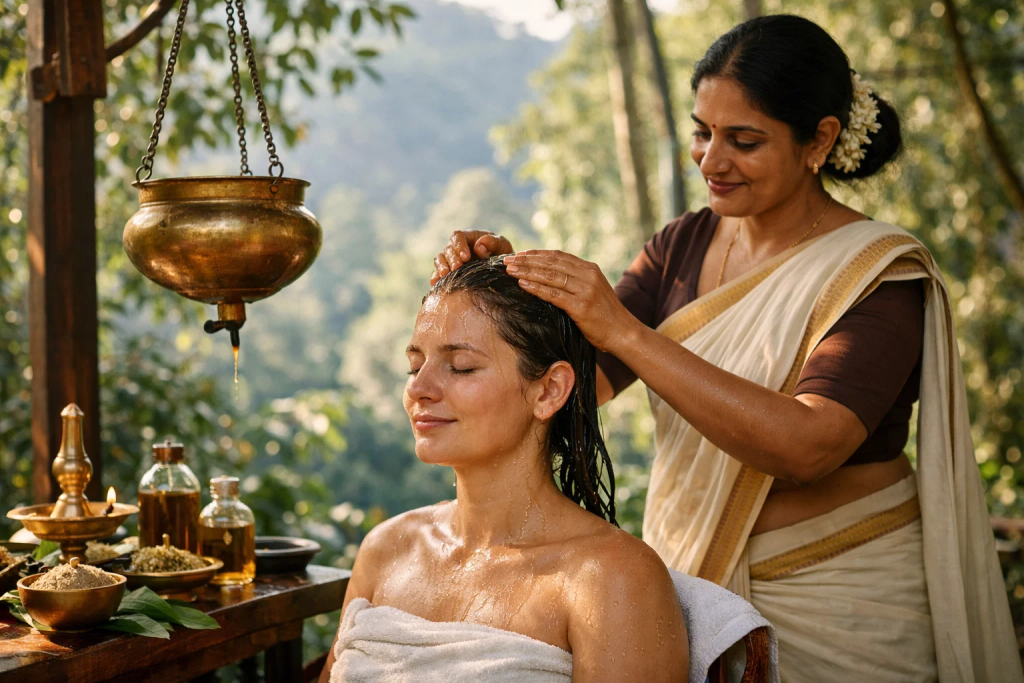 Panchakarma treatment for high blood pressure — Ayurvedic head massage therapy at a Kerala wellness retreat